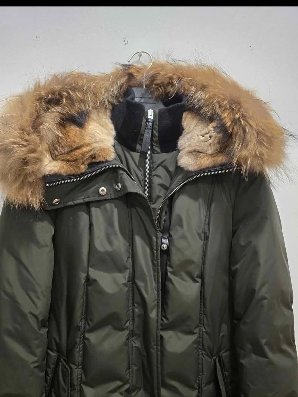 Mackage Long Coat Harley Army Khaki Raccoon Rabbit Down Filled Leather L - Picture 16 of 16